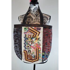 Aïta Leather/ Textil Tote Bag Boho With Hand Embroidery Hand Bag